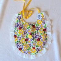 Purple and Yellow Flowers with Ladybugs/Textured Yellow with White Lace Cotton Bib