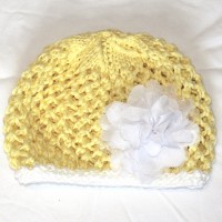 Yellow and White Beanie with White Carnation