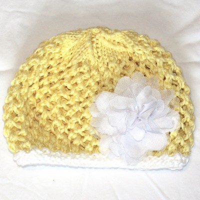 Yellow and White Beanie with White Carnation