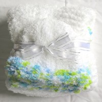 White with Blue and Green Trim Baby Blanket and Hat